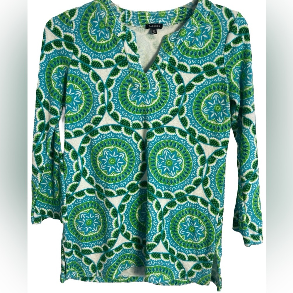Talbots Green Blue Medallion Print Terry Cloth Swimwear Cover Up Size XS